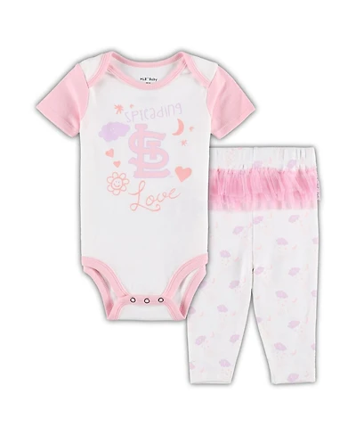 Newborn and Infant Boys Girls White Pink St. Louis Cardinals Spreading Love Bodysuit Tutu with Leggings Set