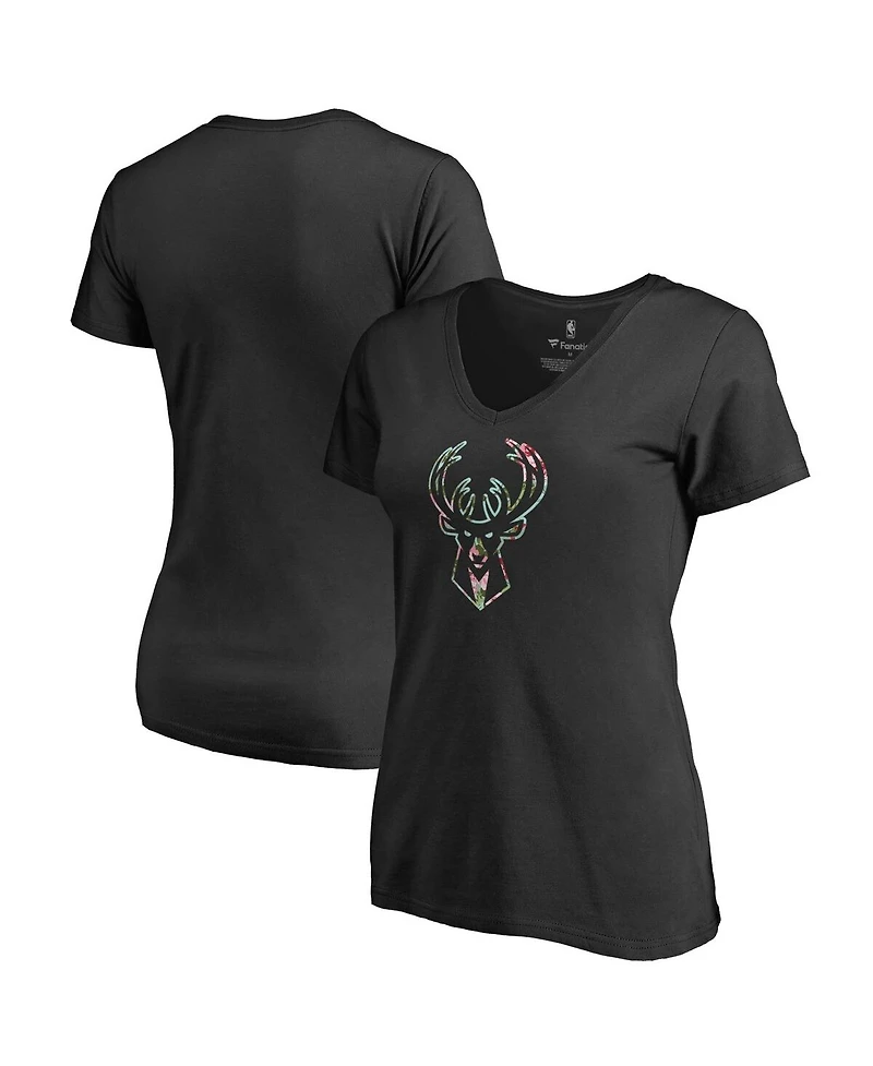 Women's Fanatics Black Milwaukee Bucks Lovely V-Neck T-shirt