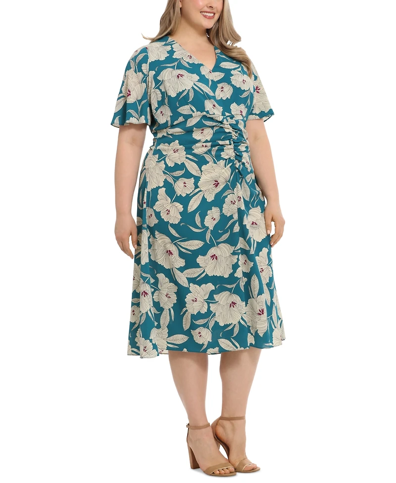 London Times Plus Size Flutter-Sleeved Shirred Midi Dress