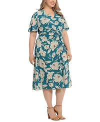 London Times Plus Size Flutter-Sleeved Shirred Midi Dress