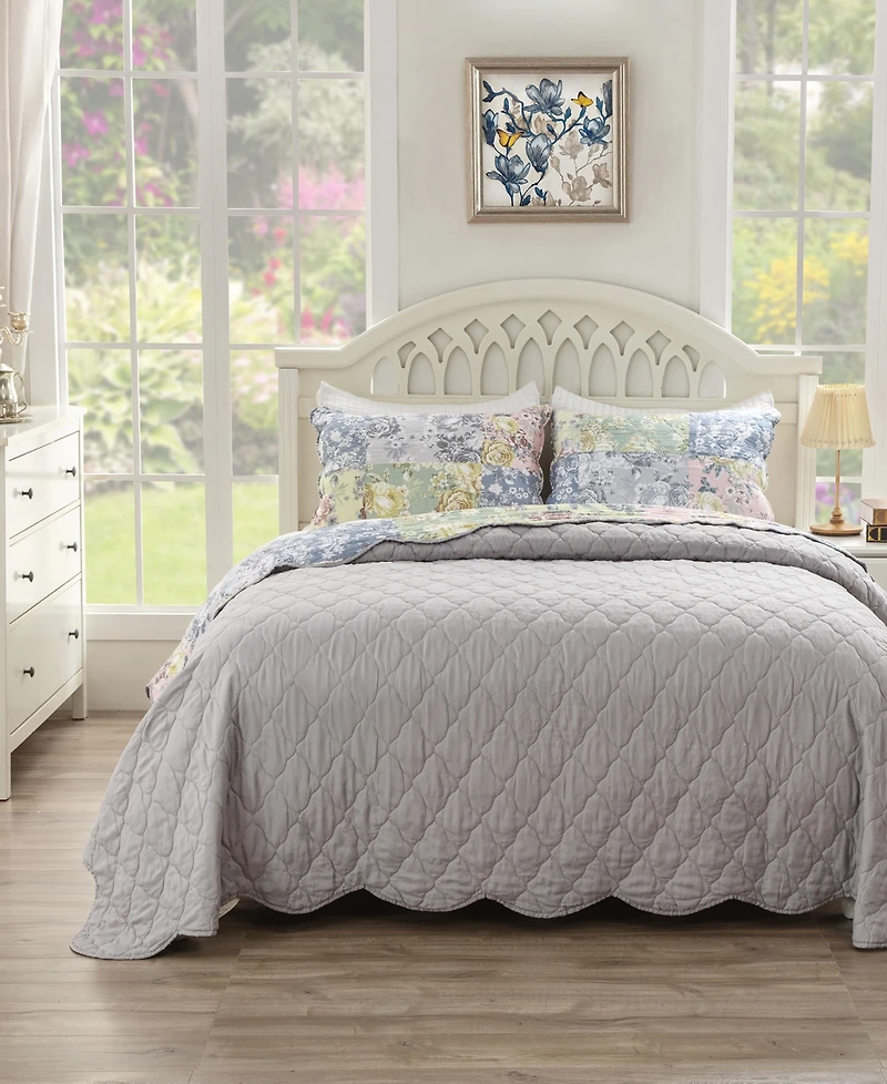Greenland Home Fashions Emma Traditional Floral Print 3 Piece Quilt Set