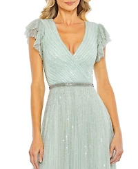 Mac Duggal Women's Sequined Wrap Over Ruffled Cap Sleeve Gown