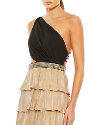 Mac Duggal Women's Ieena Metallic One Shoulder Ruffle Tiered Gown