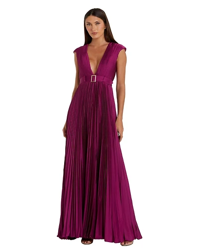 Mac Duggal Women's Ieena Pleated Plunge Neck Belted Satin Gown