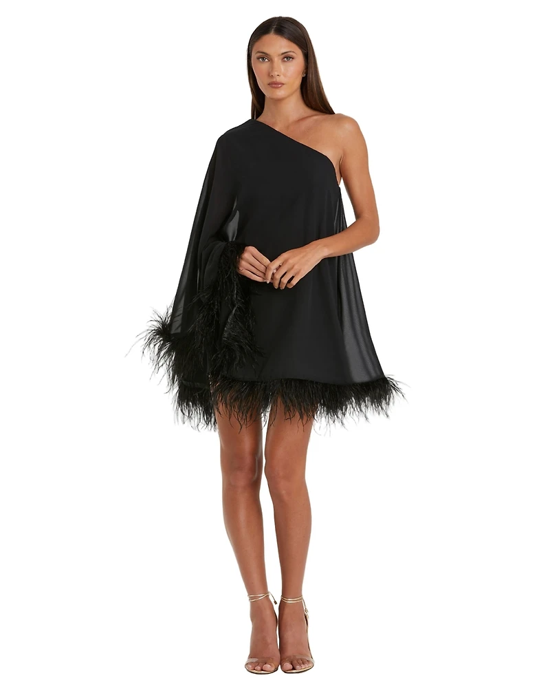 Mac Duggal Women's One Shoulder Trapeze Dress with Feather Trim