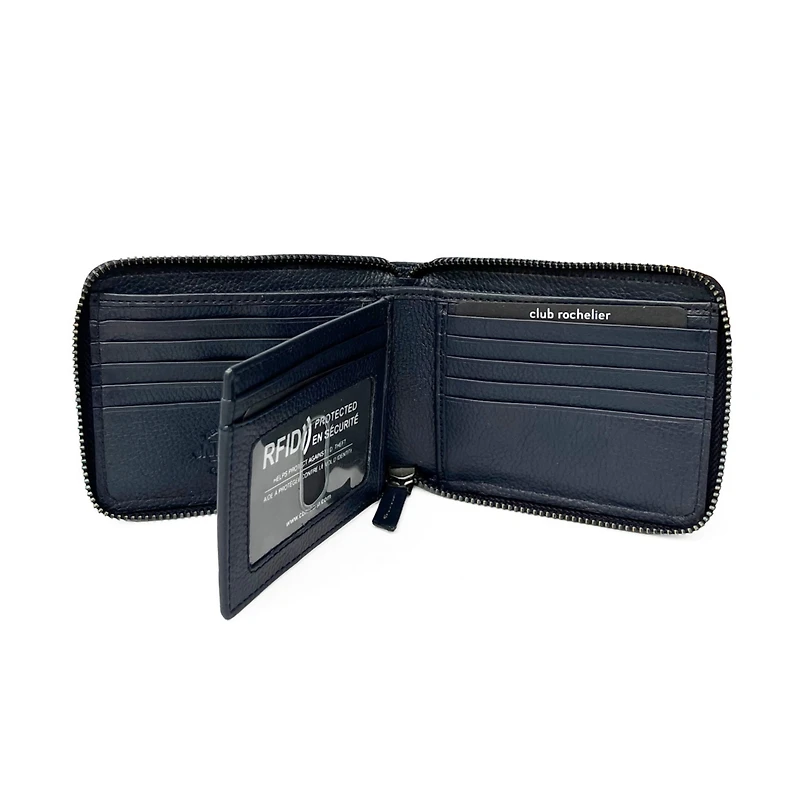 Club Rochelier Men's Full Leather Zipper Around Wallet with Center Wing