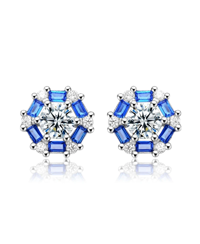 Sterling Silver With Round Baguette Cubic Zirconia Stud Earrings