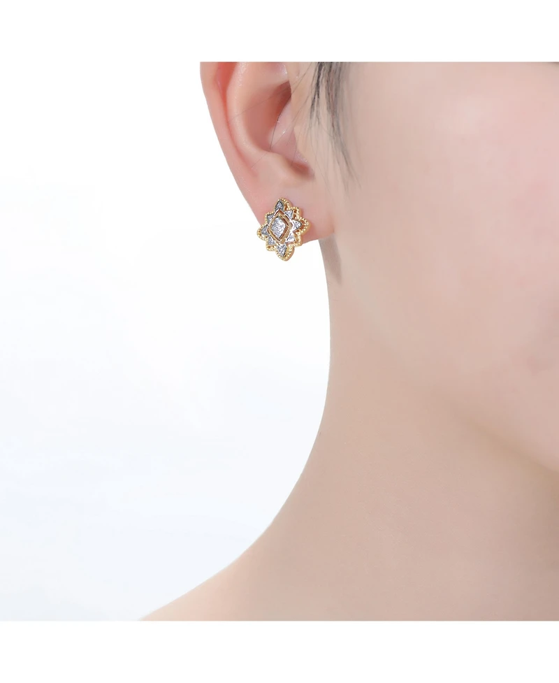 4 Prong 14K Gold Plated and Cubic Zirconia Floral Stud Earrings
