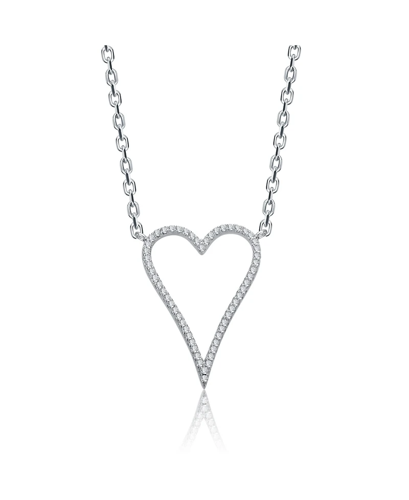 White Gold Plated with Cubic Zirconia Elongated Open Heart Halo Pendant Necklace