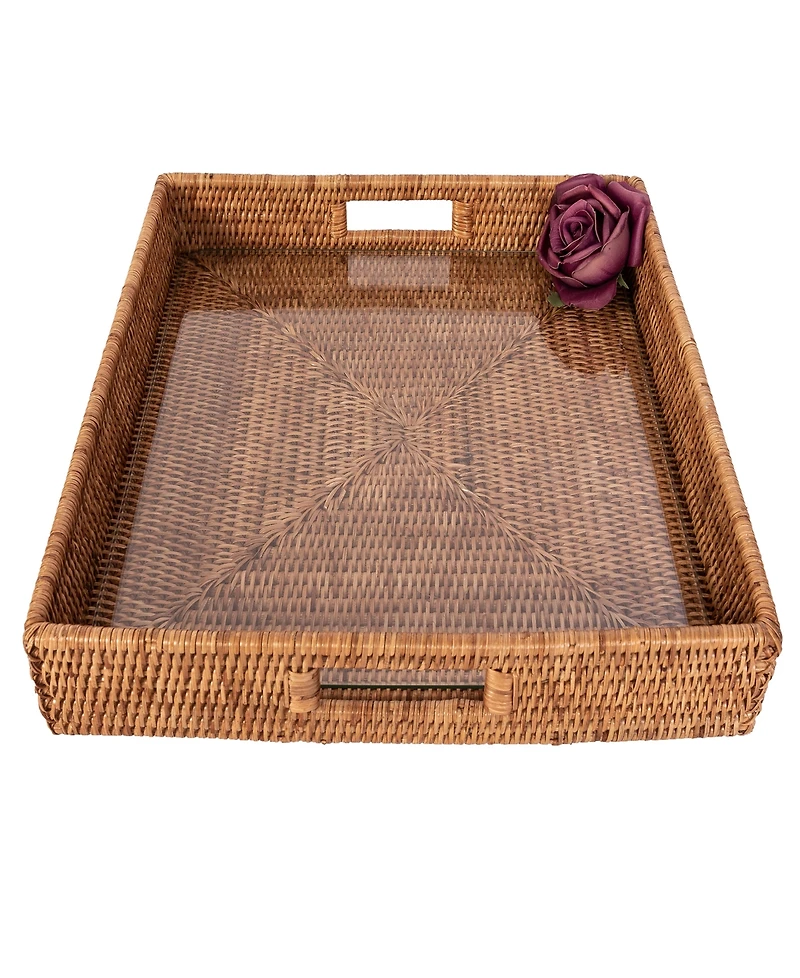 Artifacts Rattan Square Serving Ottoman Tray with Glass Insert
