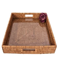 Artifacts Rattan Square Serving Ottoman Tray with Glass Insert