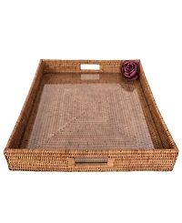 Artifacts Trading Company Artifacts Rattan Square Serving Ottoman Trays with Glass Insert