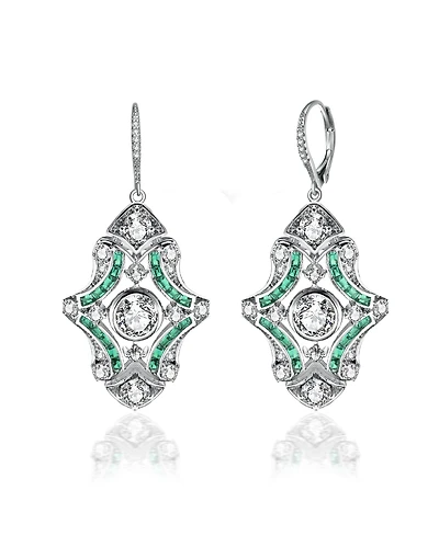 White Gold Plated with Green & Cubic Zirconia Art Deco Lever Back Earrings in Sterling Silver