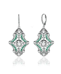 White Gold Plated with Green & Cubic Zirconia Art Deco Lever Back Earrings in Sterling Silver