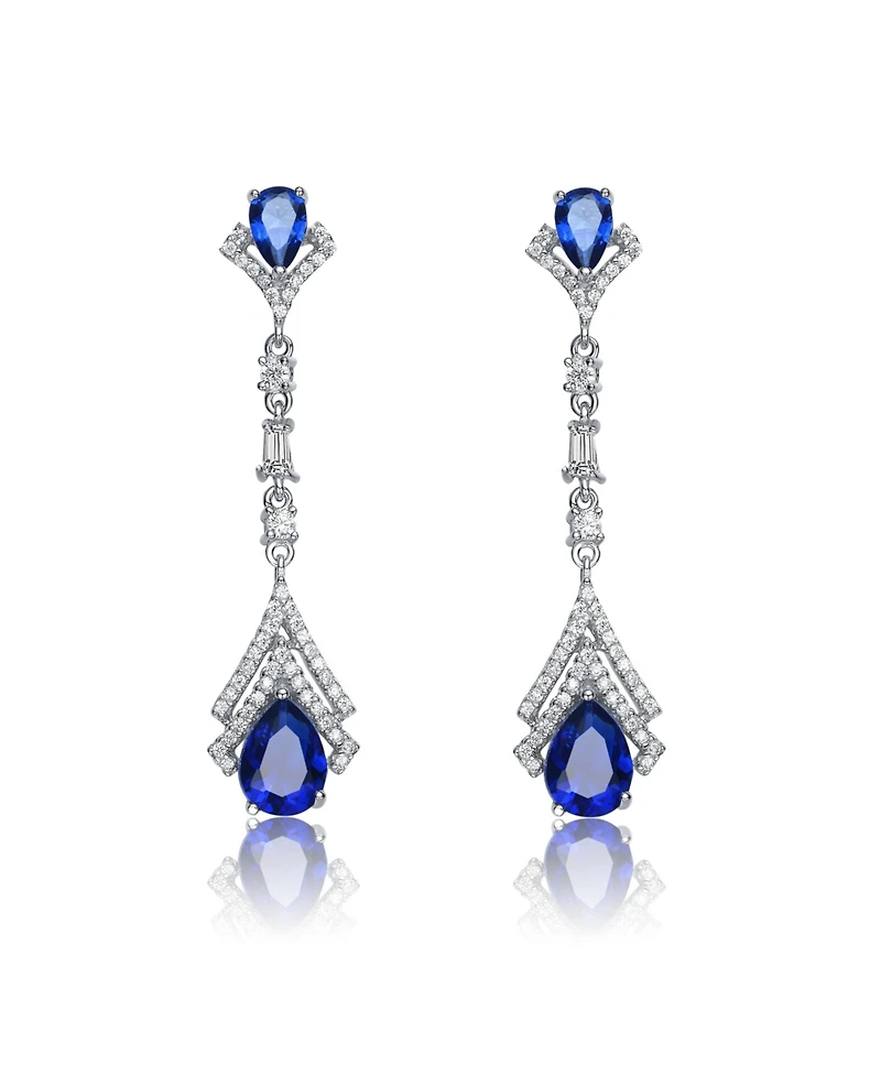 Sterling Silver With White Gold Plated Clear And Green Cubic Zirconia Double Haloed Drop Earrings