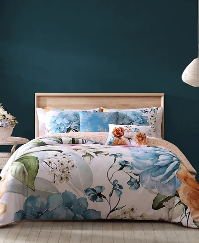 Bebejan Maia Blue Bedding 200 Thread Count 100% Cotton Sateen 5 Piece Reversible Queen Comforter Set