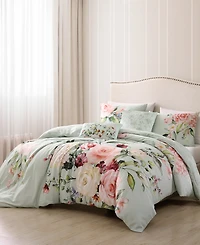Bebejan Rose on Misty Green Bedding 200 Thread Count 100% Cotton Sateen 5 Piece Reversible King Comforter Set