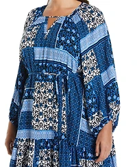Ella Rafaella Plus Paisley Print Flounce Long Sleeve Dress with Self Fabric Tie
