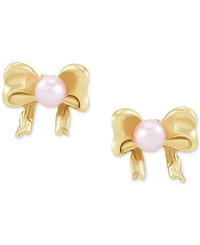 Children's Pink Cultured Freshwater Pearl (3mm) Bow Stud Earrings in 14k Gold