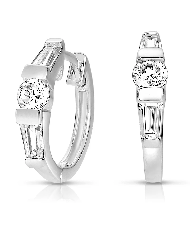 Sterling Silver Cubic Zirconia Huggie White Gold Plated Circle Shape Earrings