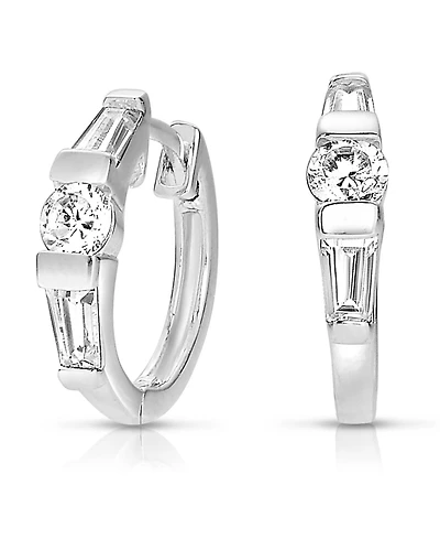 Sterling Silver Cubic Zirconia Huggie White Gold Plated Circle Shape Earrings