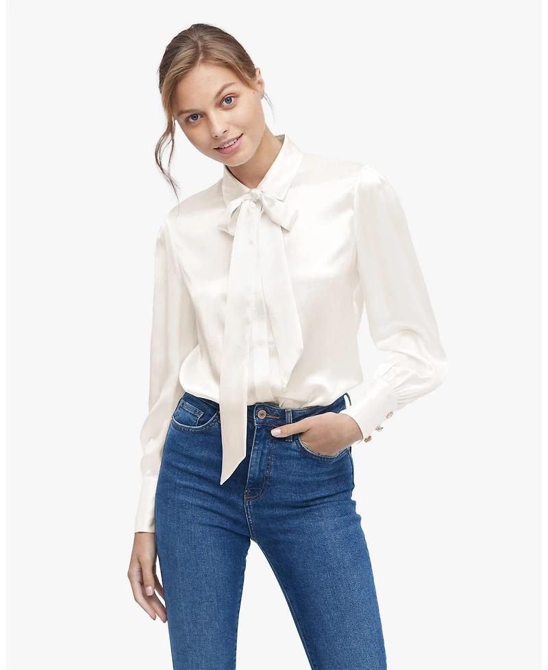Vintage Bow Tie Silk Blouse for Women