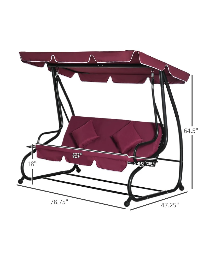 Outsunny 3 Seat Outdoor Free Standing Swing Bench Porch Swing with Stand, Comfortable Cushioned Fabric & Included Canopy, Red