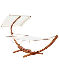 Outsunny 13FT Wooden Arc Hammock with Canopy, Outdoor Hammock Bed with Wood Arc Stand for Patio Balcony Garden Backyard, White