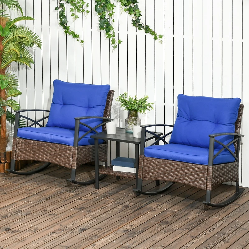 Outsunny 3pc Rocking Chair Set w/ Cushions, Wicker Bistro Set