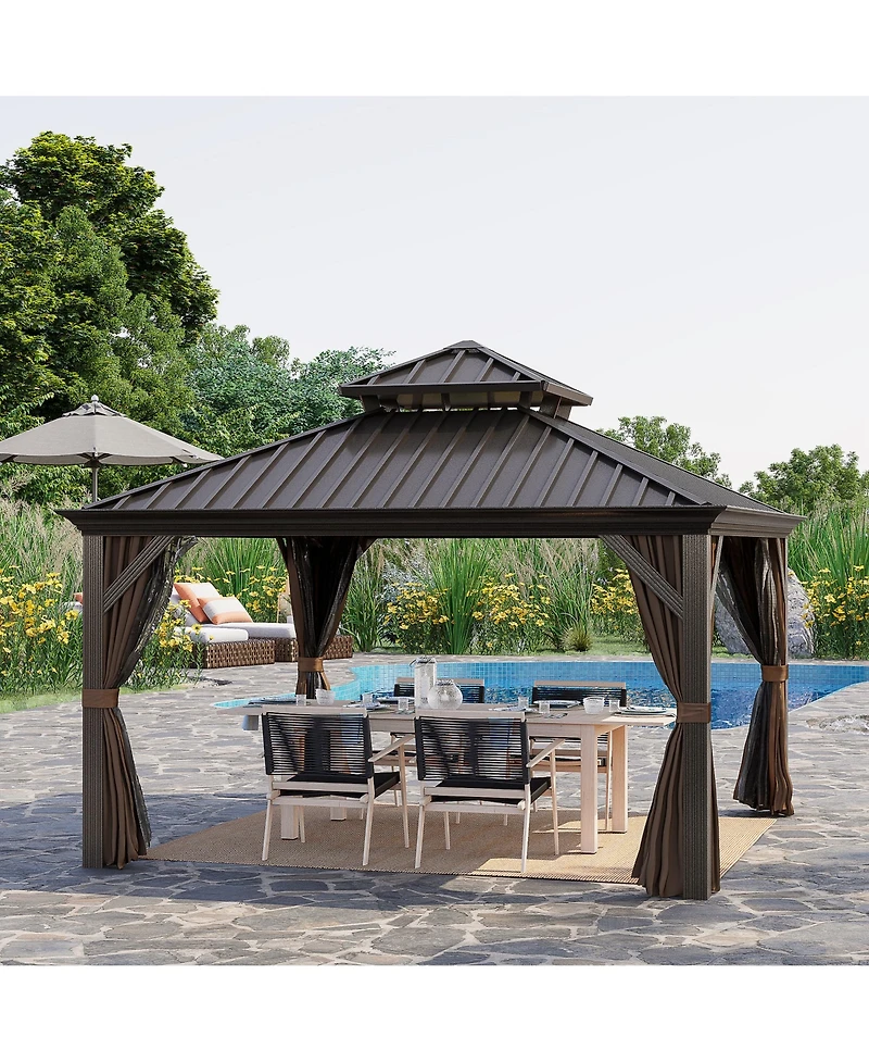 Outsunny 12 x 12 Hardtop Patio Gazebo, Netting Curtains,