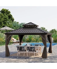 Outsunny 12 x 12 Hardtop Patio Gazebo, Netting Curtains,