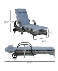 Outsunny Reclining Chaise Lounge Chair, Thickly Cushioned, Headrest, Armrests, Rolling Outdoor Plastic Rattan Sun Bathing Chair with Wheels for Poolsi