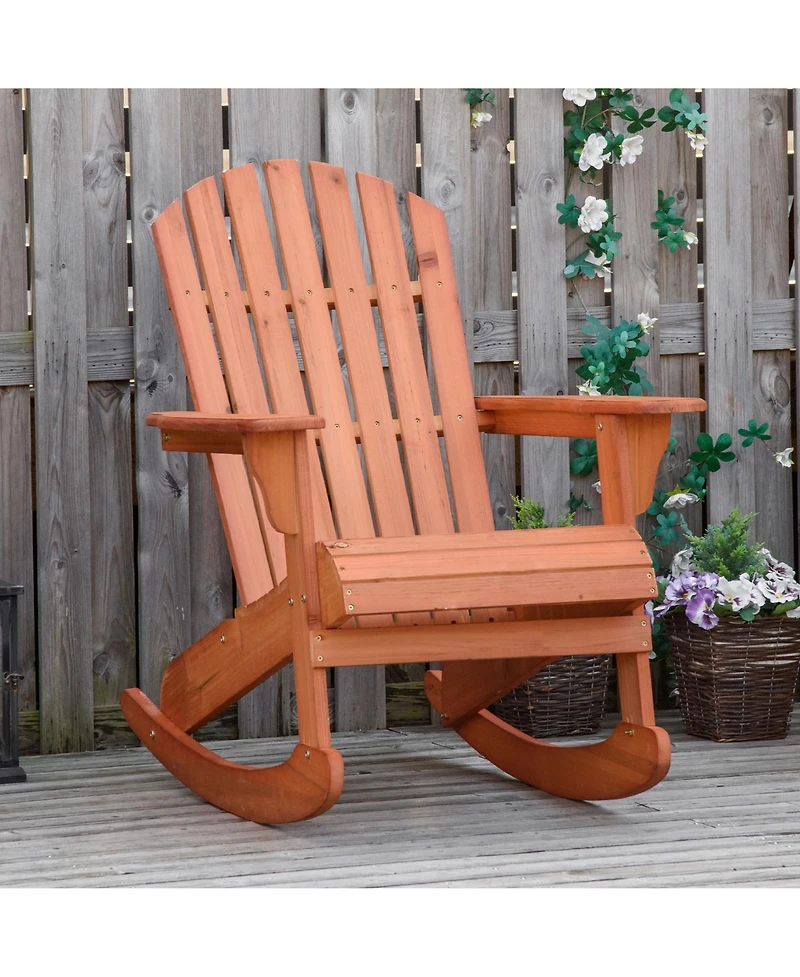 Outsunny Wooden Adirondack Rocking Chair Outdoor Lounge Chair Fire Pit Seating with Slatted Wooden Design, Fanned Back, & Classic Rustic Style for Pat