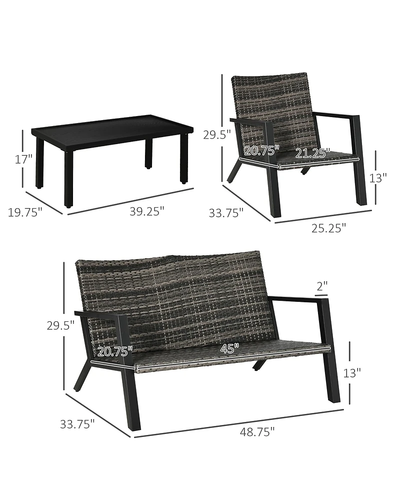 Outsunny 4 Piece Patio Furniture Set, 2 Pe Wicker Chairs, Loveseat,
