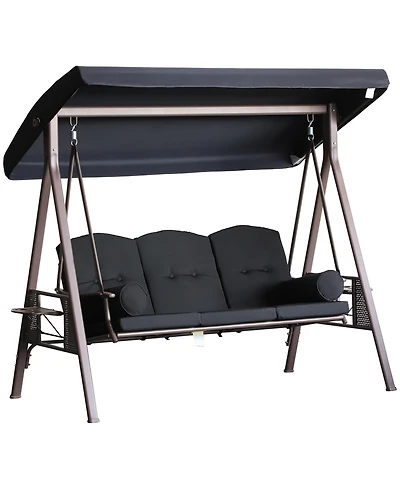Outsunny Outdoor Patio 3-Person Steel Canopy Cushioned Seat Bench Swing with Included Side Trays & Padded Comfort, Black