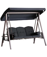 Outsunny Outdoor Patio 3-Person Steel Canopy Cushioned Seat Bench Swing with Included Side Trays & Padded Comfort, Black