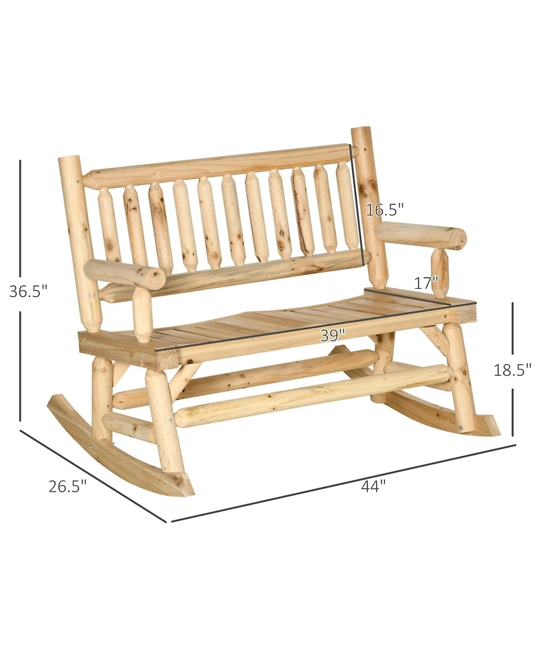Outsunny 2-Person Wood Rocking Chair with Log Design, Heavy Duty Loveseat with Wide Curved Seats for Patio, Backyard, Garden