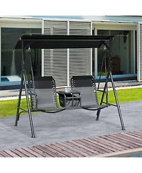 Outsunny 2-Seat Patio Swing Chair, Outdoor Canopy Swing Glider with Pivot Storage Table, Cup Holder, Adjustable Shade, Bungie Seat Suspension and Weat