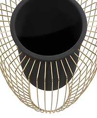 Black Metal Indoor Outdoor Planter with Removable Gold-Tone Wire Stand Set of 2