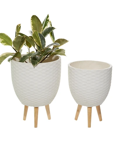 White Ceramic Indoor Outdoor Planter with Wood Legs Set of 2