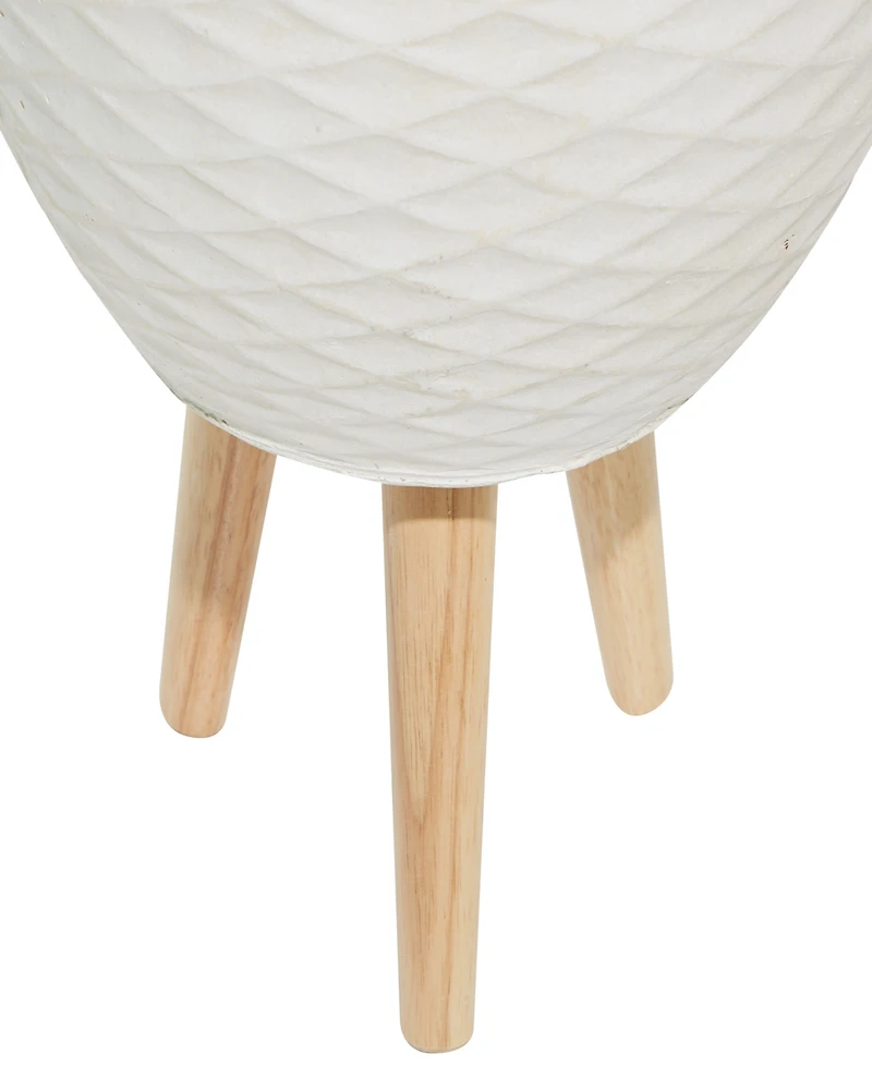 White Ceramic Indoor Outdoor Planter with Wood Legs Set of 2