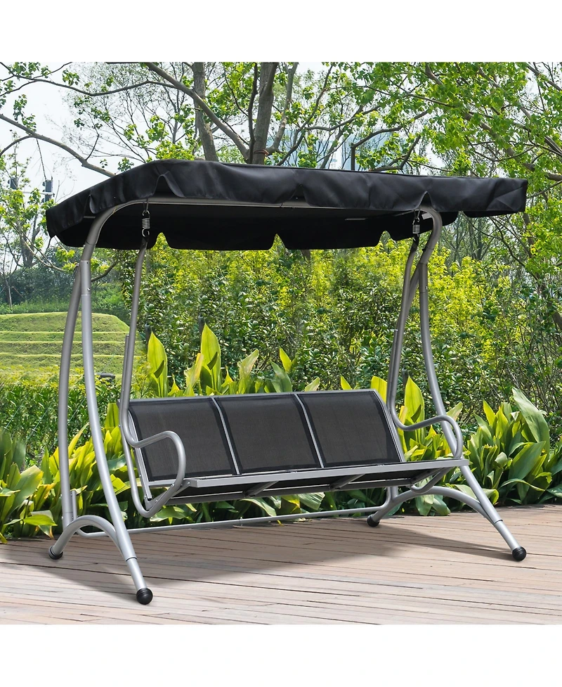 Outsunny 3 Person Patio Swing Seats, Porch Swing with Stand and Adjustable Canopy Outdoor Swing Chair Bench for Garden, Poolside