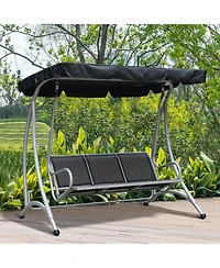 Outsunny 3 Person Patio Swing Seats, Porch Swing with Stand and Adjustable Canopy Outdoor Swing Chair Bench for Garden, Poolside