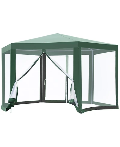 Outsunny Outdoor Party Tent Hexagon Sun Shelter Canopy with Protective Mesh Screen Walls & Proper Sun Protection, Green