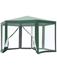 Outsunny Outdoor Party Tent Hexagon Sun Shelter Canopy with Protective Mesh Screen Walls & Proper Sun Protection, Green