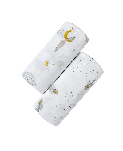 Gots Certified Organic Muslin Swaddle - Two-Pack Gift Set, Sweet Dreams (Magical Feathers + Enchanted Peacock)
