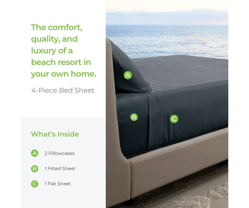 Cariloha Resort 4-Piece Sateen Sheet Set |Coconut Milk | Cal King Viscose Material Thermal-Regulating, Extra Soft Cooling Sheets