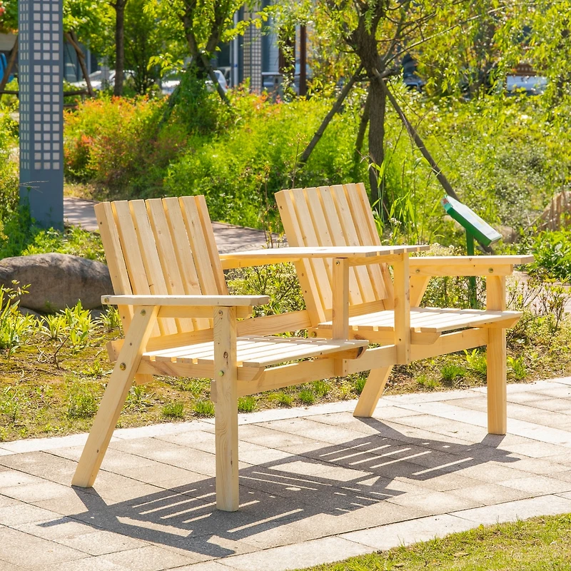 Outsunny Outdoor Patio Tete a Tete Loveseat Garden Bench Chair Wooden Natural