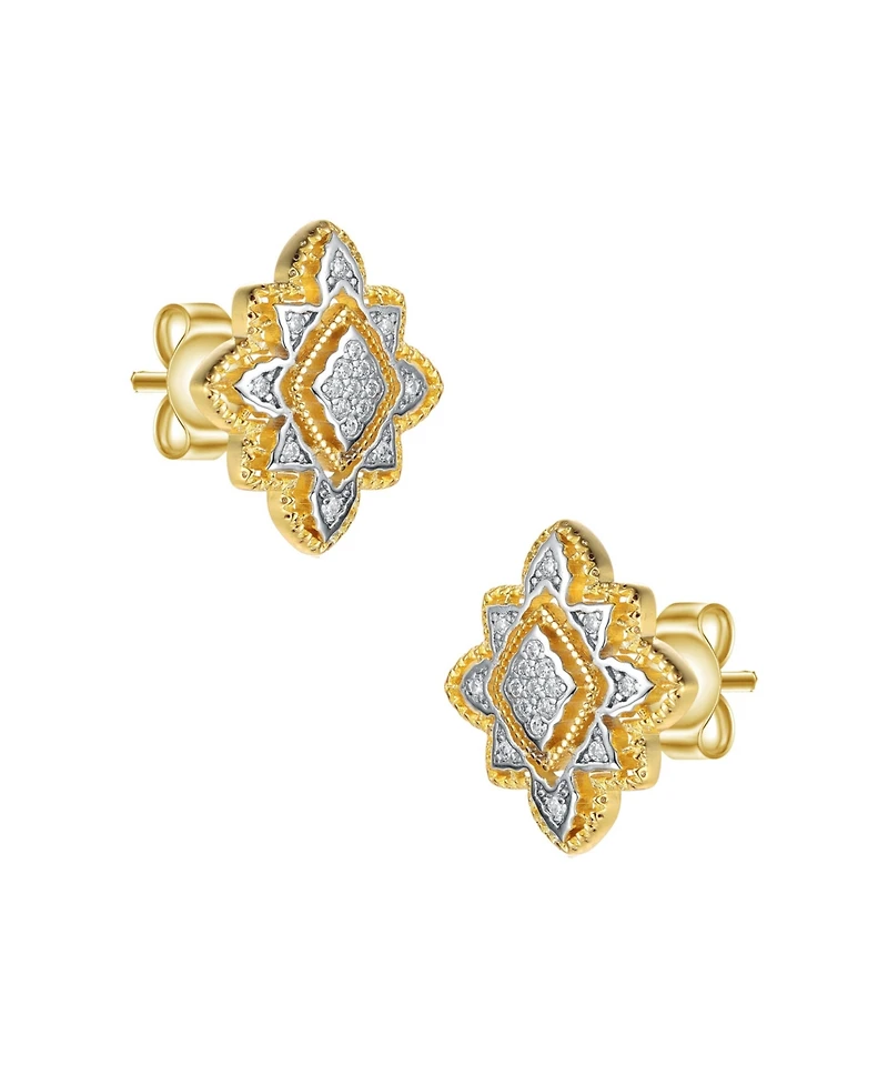 4 Prong 14K Gold Plated and Cubic Zirconia Floral Stud Earrings
