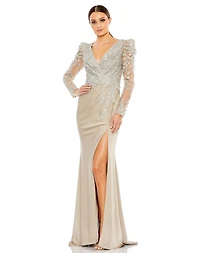 Mac Duggal Women's Embellished Faux Wrap Illusion Puff Sleeve Gown